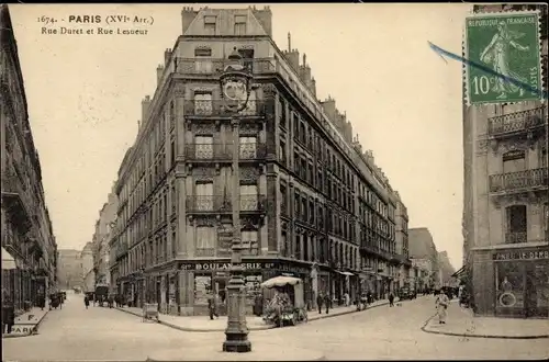 Ak Paris XVI Passy, Rue Duret et Rue Lesueur