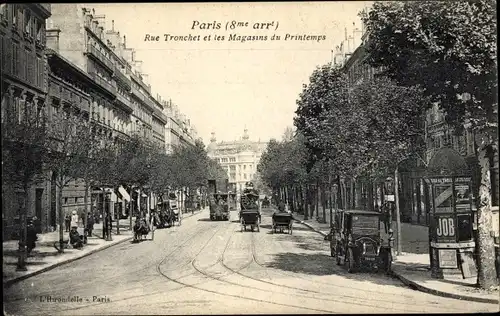 Ak Paris VIII, Rue Tronchet et les Magasins du Printemps