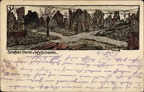 Künstler Ak Luger, F., Wytschaete Westflandern, Straßenpartie, Ruine, zerstörte Häuser