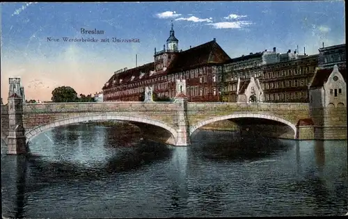 Ak Breslau Schlesien, Neue Werderbrücke mit Universität