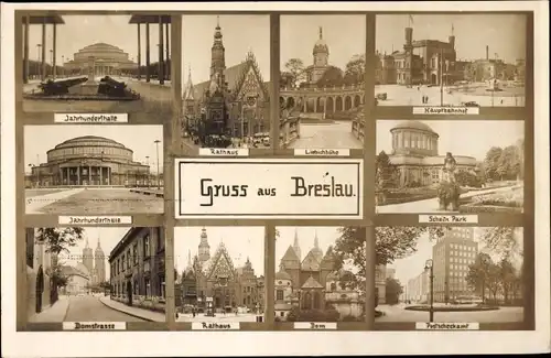 Ak Wrocław Breslau Schlesien, Ring, Rathaus, Jahrhunderthalle, Hauptbahnhof