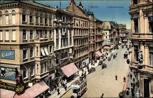 Ak Berlin Mitte, Friedrichstraße, Geschäfte, Pferdebahnwagen, Reklame Kodaks