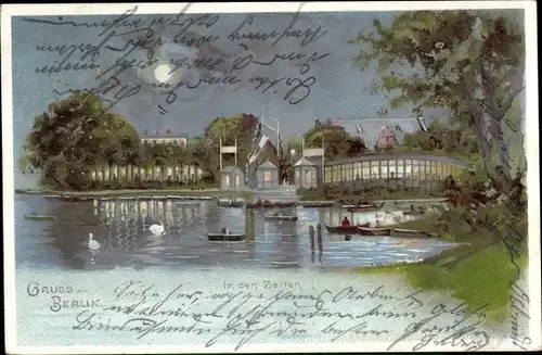 Mondschein Litho Berlin Tiergarten, In den Zelten, Teichpartie