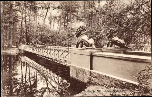 Ak Berlin Tiergarten, Blick über die Löwenbrücke, Löwenstatuen