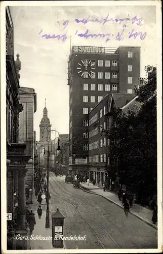 Ak Gera in Thüringen, Schlossstraße und Handelshof, Stadtbank, Uhr