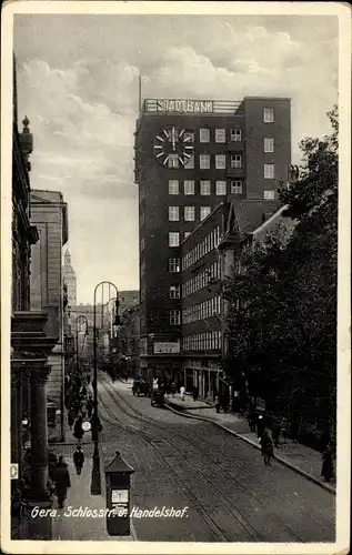 Ak Gera in Thüringen, Schlossstraße und Handelshof, Stadtbank, Uhr