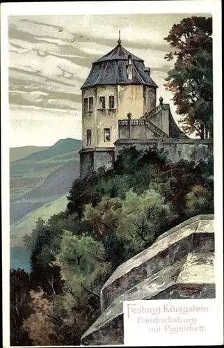 Künstler Ak Königstein an der Elbe Sächsische Schweiz, Festung, Friedrichsburg mit Pagenbett