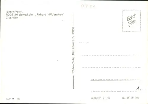 Ak Jößnitz im Vogtland, FDGB-Erholungsheim Richard Mildenstrey, Clubraum