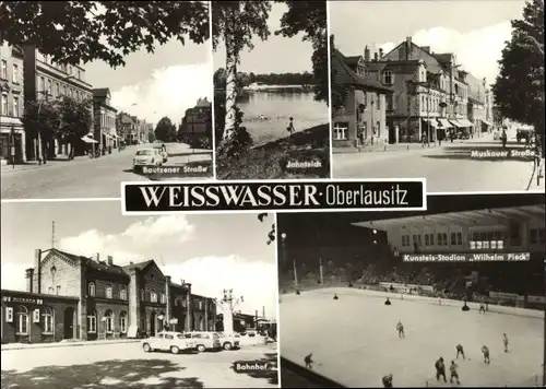 Ak Weißwasser in der Oberlausitz, Bautzener Straße, Kunsteis Stadion Wilhelm Pieck, Eishockeyspiel