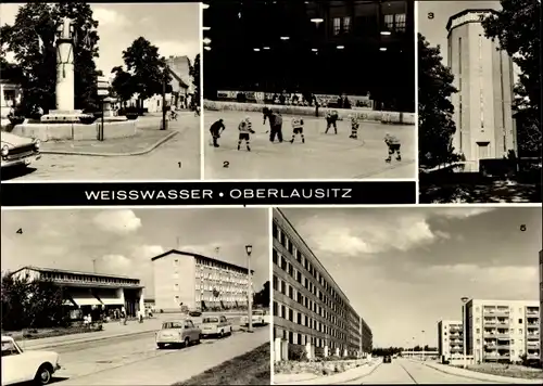 Ak Weißwasser Oberlausitz, Bahnhofstraße, Glasmacherbrunnen, Wasserturm, Eisstadion Wilhelm Pieck