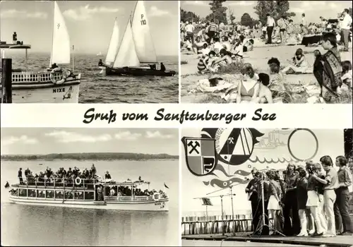 Ak Senftenberg in der Niederlausitz, Senftenberger See, Schiff, Strandpartie, Badegäste, Chor