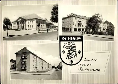 Ak Rathenow im Havelland, Wappen, Straßenpartien, Gebäude