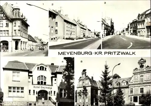 Ak Meyenburg in der Prignitz, Karl-Marx-Straße, Pritzwalker Straße, Hotel Germania, Schloss Internat