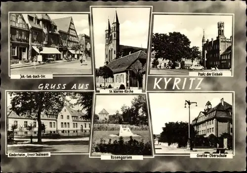Ak Kyritz in der Prignitz, Rosengarten, Goethe Oberschule, Platz der Einheit, St. Marien-Kirche