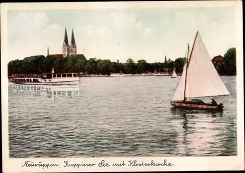 Ak Neuruppin in Brandenburg, Ruppiner See mit Klosterkirche, Segelboot, Schiff