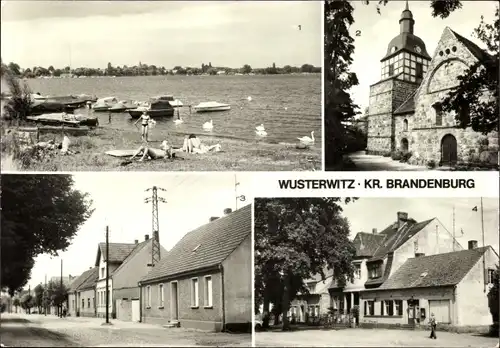Ak Wusterwitz, Kirche, Badestelle am Gr. Wusterwitzer See, Warschauer Straße, Hauptstraße
