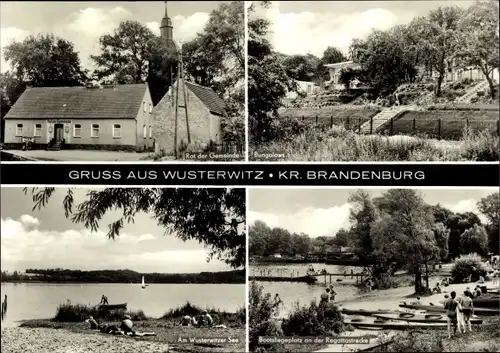 Ak Wusterwitz in Brandenburg, Rat der Gemeinde, Bungalows, Seepartie, Bootsliegeplatz