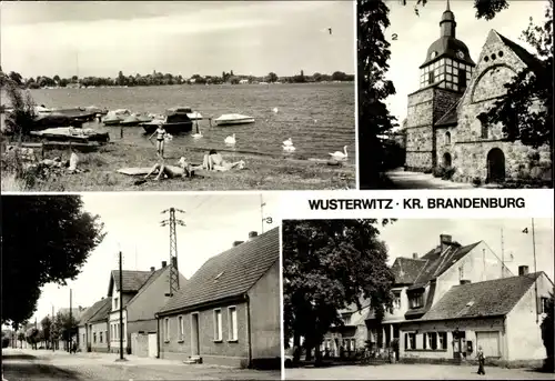 Ak Wusterwitz, Kirche, Badestelle am Gr. Wusterwitzer See, Warschauer Straße, Hauptstraße