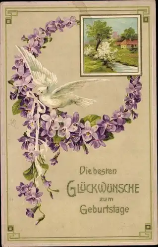Präge Ak Glückwunsch Geburtstag, Kranz aus Veilchen, Blüten, Taube mit Schleife