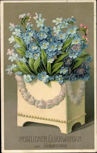 Präge Ak Glückwunsch Geburtstag, Blumen in einem Blumenkasten, Vergissmeinnicht