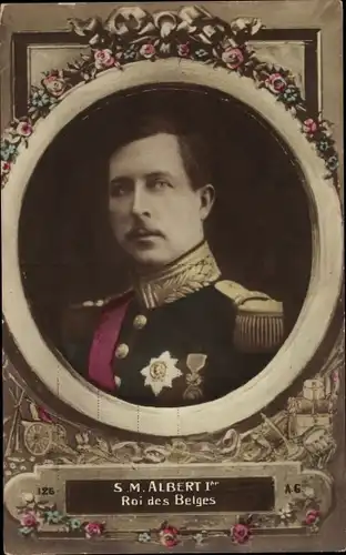 Passepartout Ak König Albert I. von Belgien, Portrait, Uniform, Orden