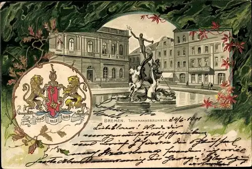 Präge Wappen Passepartout Litho Hansestadt Bremen, Teichsmannsbrunnen