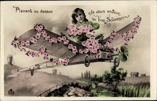 Ak Planant au dessus, Mädchen im Flugzeug, Fotomontage
