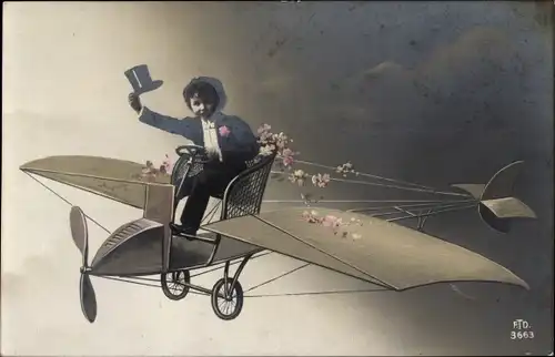 Ak Junge im Flugzeug, Fotomontage