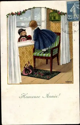 Künstler Ak Ebner, Pauli, Glückwunsch Neujahr, Junge mit Blumenstrauß am Fenster, Mädchen, Puppen