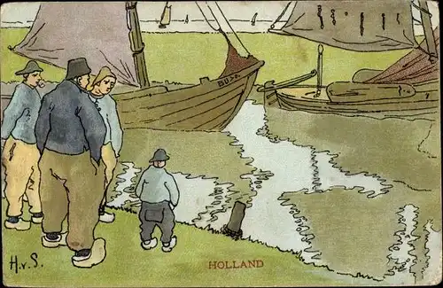 Künstler Ak Fischer in niederländischen Trachten am Ufer