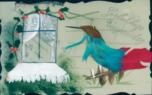 Zelluloid Ak Glückwunsch Geburtstag, Vogel aus Federn vor einem Fenster