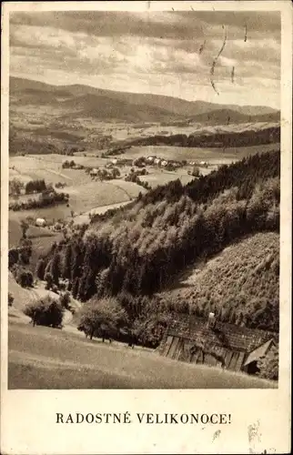 Ak Tschechien, Panorama, Landschaft, Gebirgshütte, Radostne Velikonoce!