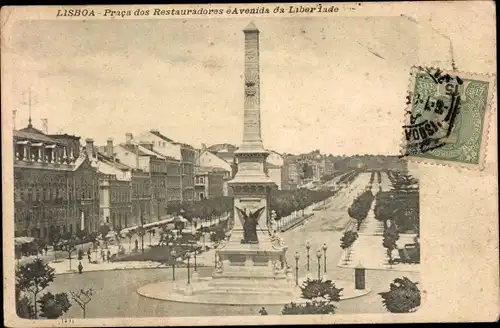 Ak Lisboa Lissabon Portugal, Praca dos Restauradores e Avenida da Liberdade