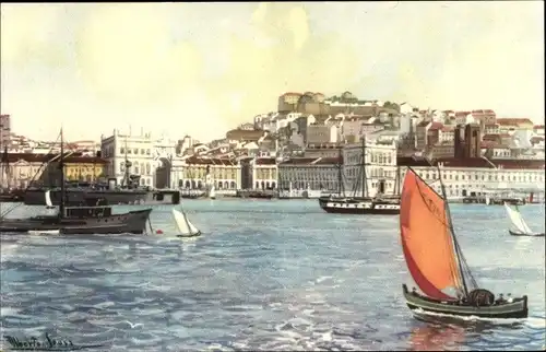 Künstler Ak Lisboa Lissabon Portugal, Blick vom Meer auf die Stadt, Segelboot, Schiffe