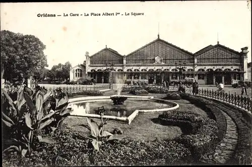 Ak Orléans Loiret, La Gare, La Place Albert, Le Square