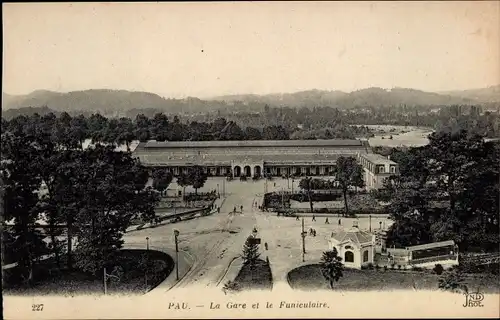 Ak Pau Pyrénées-Atlantiques, La Gare et le Funiculaire