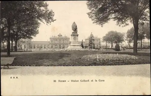 Ak Reims Marne, Statue Colbert et la Gare