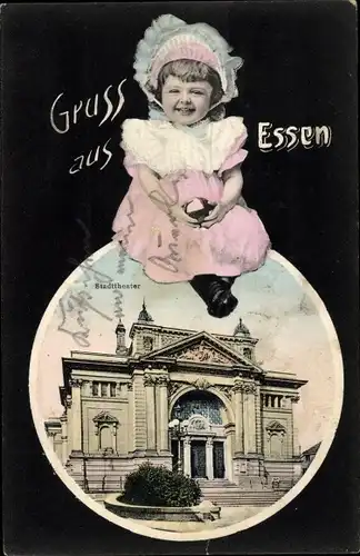 Ak Essen im Ruhrgebiet, Stadttheater, lachendes Mädchen im rosa Kleid