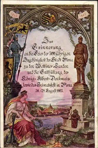 Künstler Ak Pirna an der Elbe, Enthülling d. König Albert Denkmal 1905