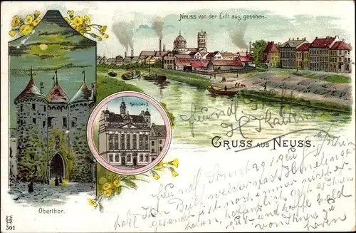 Mondschein Litho Neuss am Rhein, Obertor, Ort von der Erft aus gesehen