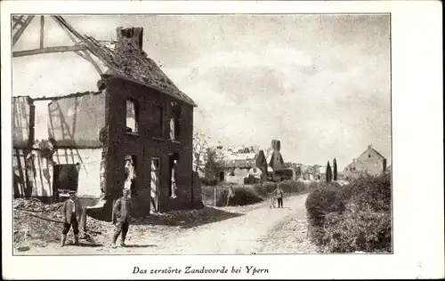 Ak Zandvoorde bei Ypres Ypern Flandern, zerstörte Häuser im Ort