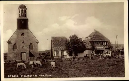 Ak de Koog Texel Nordholland Niederlande, Ned. Hervormde Kerk, Schafweide