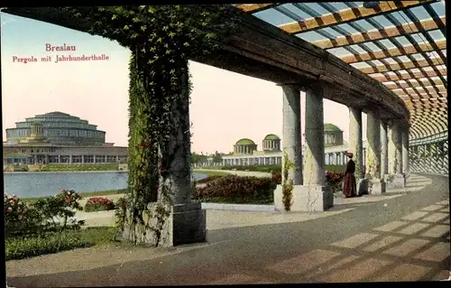 Ak Wrocław Breslau Schlesien, Pergola mit Jahrhunderthalle