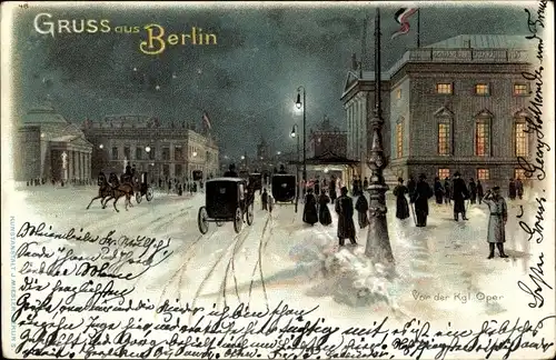 Mondschein Litho Berlin, Kutschen vor der Königlichen Oper, Winter