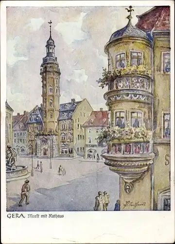 Künstler Ak Gera in Thüringen, Markt mit Rathaus