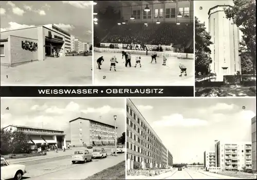 Ak Weißwasser Oberlausitz, Wohnkomplex IV, HO Kaufhalle Minute, Wasserturm, Eisstadion Wilhelm Pieck