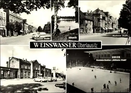 Ak Weißwasser in der Oberlausitz, Bahnhof, Bautzener Str., Kunsteis Stadion Wilhelm Pieck, Eishockey