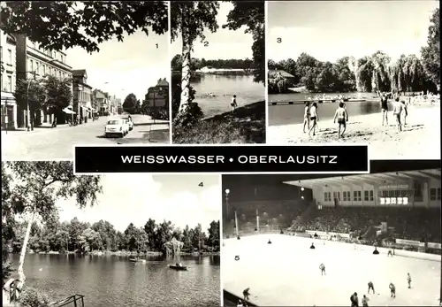 Ak Weißwasser in der Oberlausitz, Bautzener Str., Kunsteis Stadion Wilhelm Pieck, Eishockey, Bad