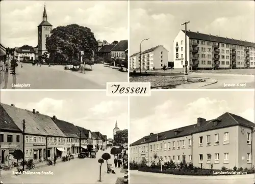 Ak Jessen an der Elster, Leninplatz, AWG Siedlung Jessen Nord, Ernst-Thälmann-Str., Landambulatorium