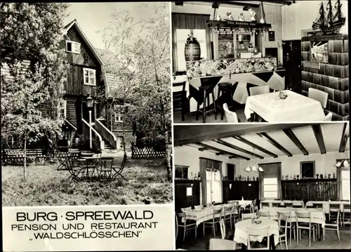 Ak Burg im Spreewald, Pension und Restaurant Waldschlösschen, Innen und Außen